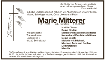 Traueranzeige von Marie Mitterer von Pegnitz-Zeitung